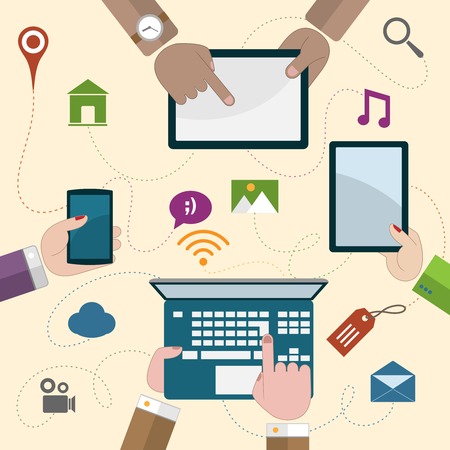 Human hands set holding mobile phones and electronic devices communication concept vector illustrationのイラスト素材