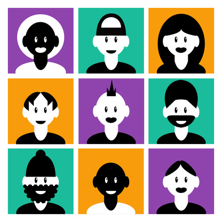 Decorative social media blog users profile avatar white black solid color design collection isolated flat vector illustrationのイラスト素材