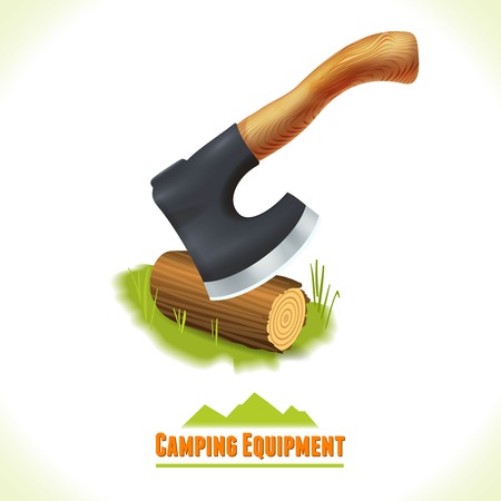 Camping summer outdoor activity concept equipment axe and log symbol vector illustration.のイラスト素材