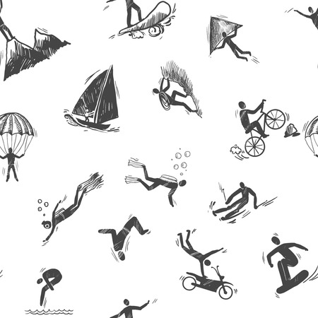 Extreme sports icon sketch seamless pattern of snorkeling surfing climbing vector illustration.のイラスト素材