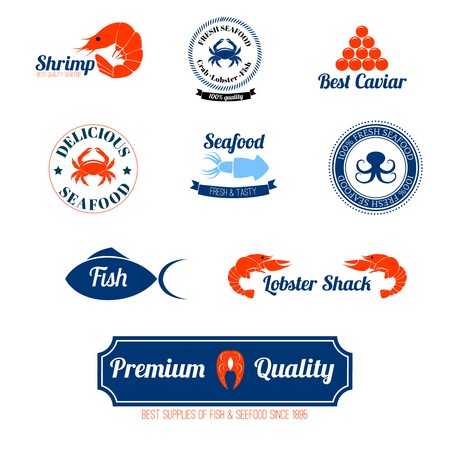 Seafood restaurant supplies stores fresh quality crab lobster salmon fish labels icons set abstract isolated vector  illustrationのイラスト素材