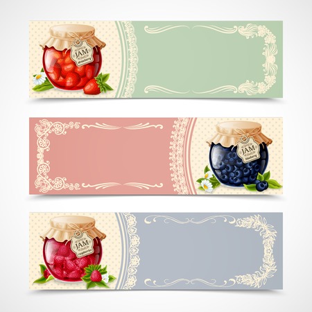 Natural organic forest berry jam in glass jar banners set isolated vector illustration.のイラスト素材