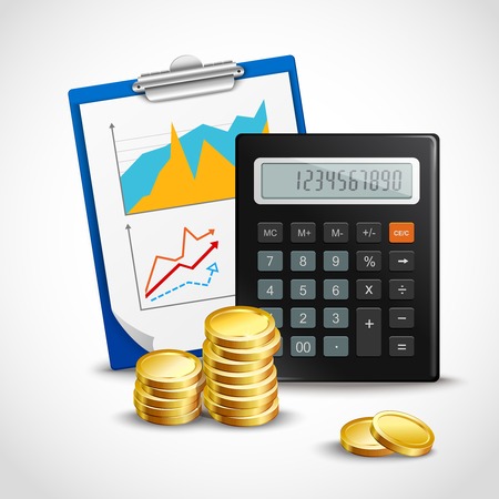 Realistic calculator clipboard and golden coins isolated on white background vector illustrationのイラスト素材