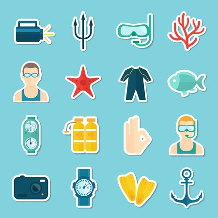 Diving scuba icons stickers set of underwater sport symbols isolated vector illustrationのイラスト素材