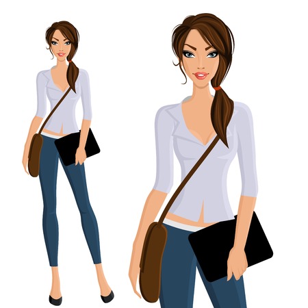 Young beautiful happy girl student with bag and device portrait on outdoor background vector illustrationのイラスト素材