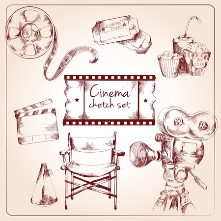 Cinema entertainment media sketch elements of tickets camera popcorn vector illustrationのイラスト素材