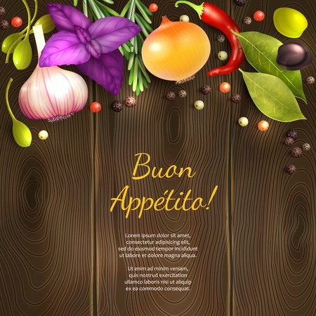 Herbs and spices on dark wooden background with Enjoy your meal title vector illustrationのイラスト素材