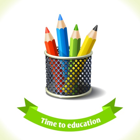 Realistic school colored pencils icon with ribbon banner isolated on white background vector illustrationのイラスト素材