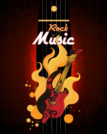 Rock music guitar in fire grunge colored retro sketch poster with drum set vector illustrationのイラスト素材