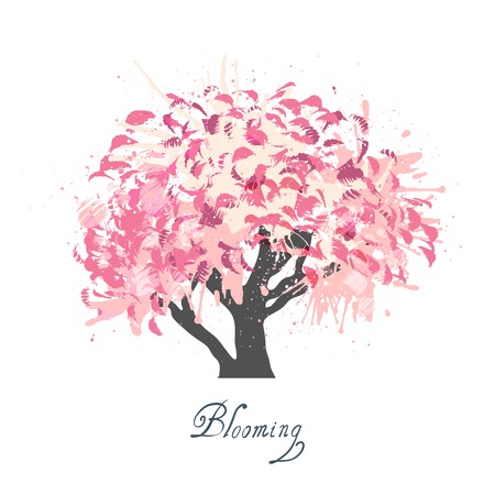 Decorative colorful apple tree spring seasonal blossom symbol ornamental design background poster grunge abstract sketch vector illustrationのイラスト素材