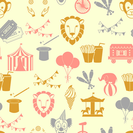 Vintage decorate circus tent with clown magical wand seamless wrap paper pattern in red orange gray color vector illustrationのイラスト素材
