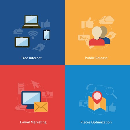 Internet wireless navigation e-mail marketing concept flat business icons set of phone computer people pin pointer map icons for infographics design web elements vector illustrationのイラスト素材