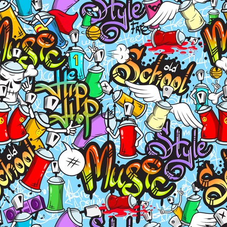 Decorative graffiti spray can characters urban school youth street art design seamless pattern wrap abstract vector illustrationのイラスト素材