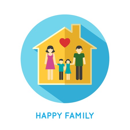 Happy family flat concept icon with parents and two children at home vector illustrationのイラスト素材