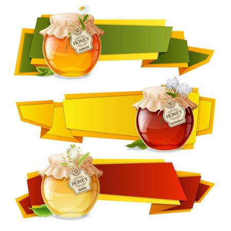 Natural sweet golden organic honey in glass jar origami horizontal banners set isolated vector illustrationのイラスト素材