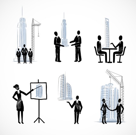 Set of the management business sketch people on presentation deal project of buildings vector illustrationのイラスト素材
