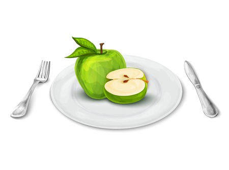 White realistic dinner plate with apple and knife and fork isolated on white background vector illustrationのイラスト素材