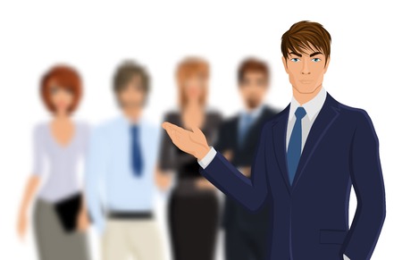 Portrait of young businessman in suit with blured business team vector illustrationのイラスト素材