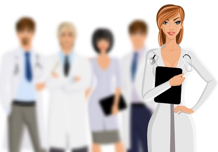 Smiling female doctor with tablet pc and medical staff team isolated on white background vector illustrationのイラスト素材