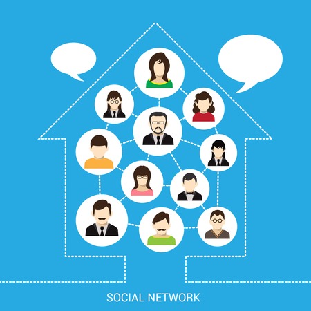 Social network concept with male and female avatars connected in outline house vector illustrationのイラスト素材