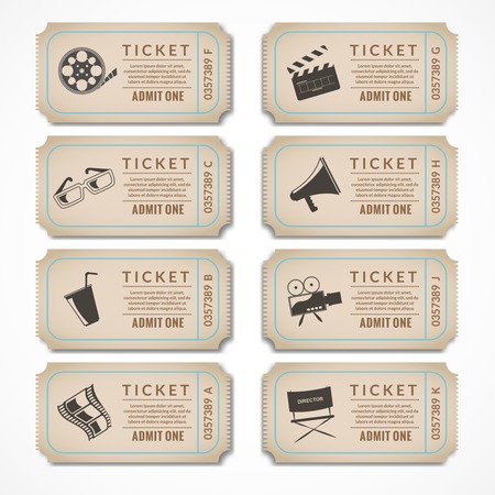 Retro movie cinema ticket banners with vintage camera popcorn isolated vector illustration.のイラスト素材