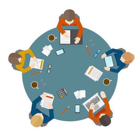 Flat style office workers business management meeting and brainstorming on the round table in top view vector illustrationのイラスト素材