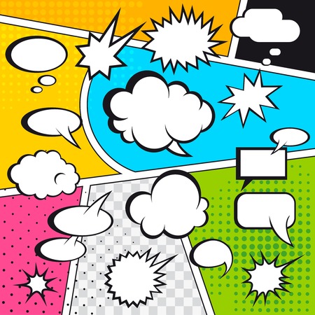 Comic speech bubbles and comic strip on colorful halftone background vector illustrationのイラスト素材