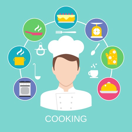Delicatessen cooking culinary pastry chef classes advertisement with kitchen pictograms composition poster placard flat abstract illustrationのイラスト素材