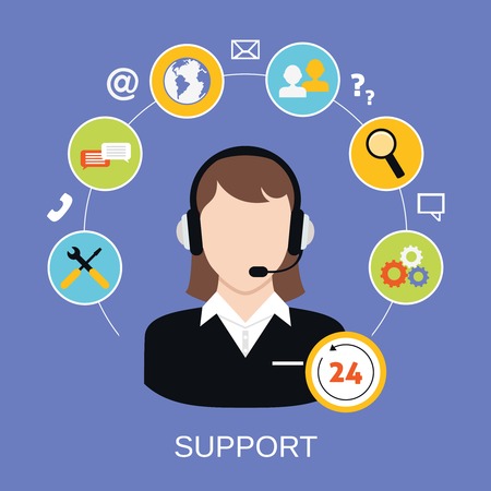 24h online worldwide available customer support help desk woman operator service concept illustrationのイラスト素材
