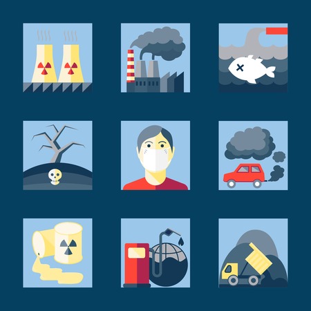 Set of pollution damage environment radioactive icons in flat style on squares illustrationのイラスト素材