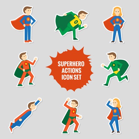 Set of comic character superheroes full body in sticker style illustrationのイラスト素材