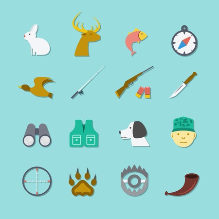 Set of hunting animal wild life leisure icons with reflection effect in flat color style illustrationのイラスト素材