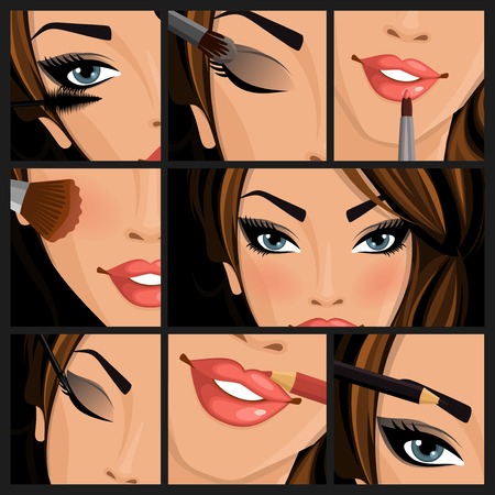 Make-up beauty woman set of lips eyes face on black background illustrationのイラスト素材