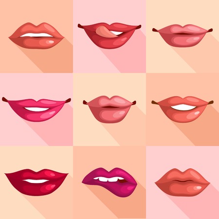 Set of mouth smile red sexy woman lips in flat style illustrationのイラスト素材