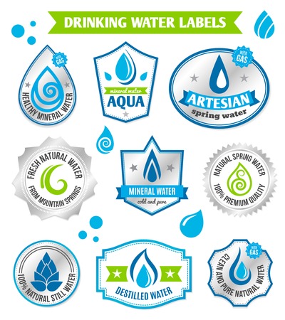 Set of water drops label badge set for healthy aqua bottles design illustrationのイラスト素材