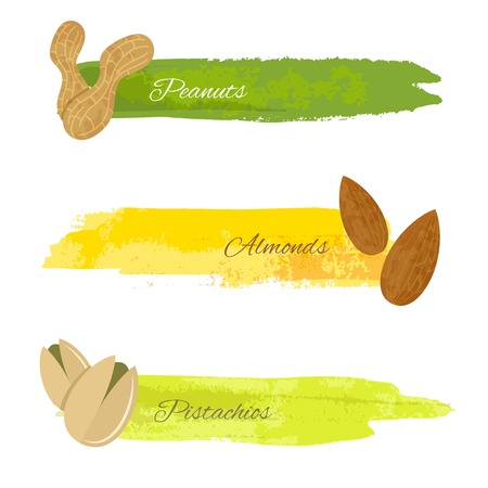 Set of grunge colorful banners with pistachio almond nuts isolated on white illustrationのイラスト素材
