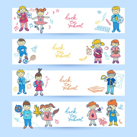 Set of banners with  doodle cute study school education girls and boys in color illustrationのイラスト素材