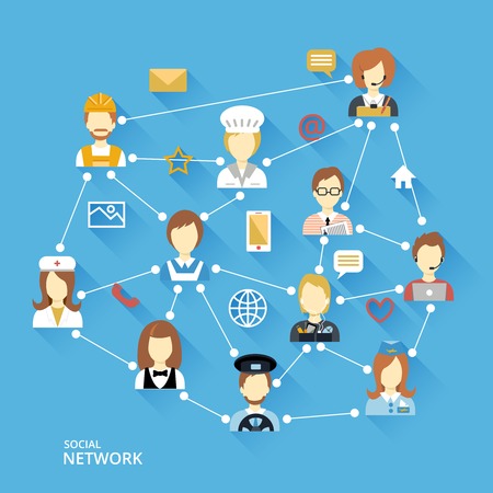 Global professional social business network group of people connection in communication concept in flat style illustrationのイラスト素材