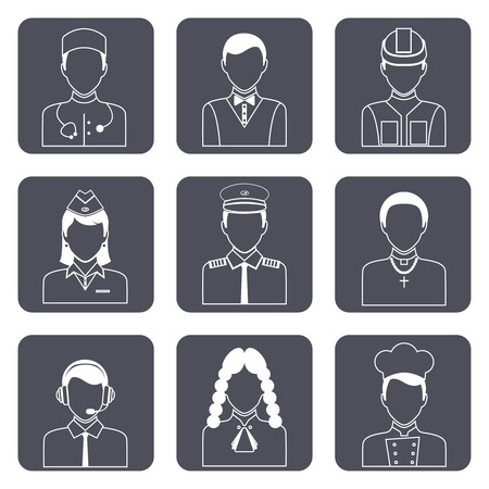 Avatar professions outline icons set of church priest engineer lawyer manager isolated vector illustrationのイラスト素材