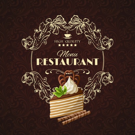 Decorative sweets dessert restaurant menu with layered chocolate cake vector illustration.のイラスト素材