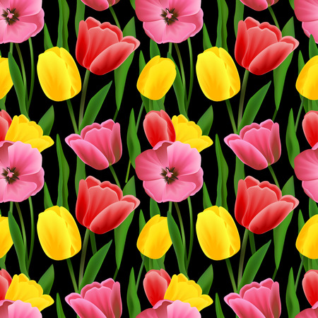 Decorative flower pattern colorful tulip bouquet black seamless background vector illustration.のイラスト素材