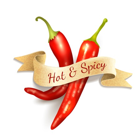 Red chili pepper hot and spice kitchen ribbon badge vector illustrationのイラスト素材