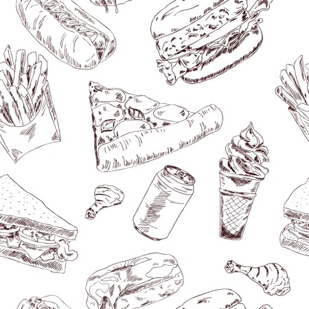 Decorative fast food chains restaurants service point pizza hotdog wrap paper seamless pattern doodle sketch vector illustrationのイラスト素材
