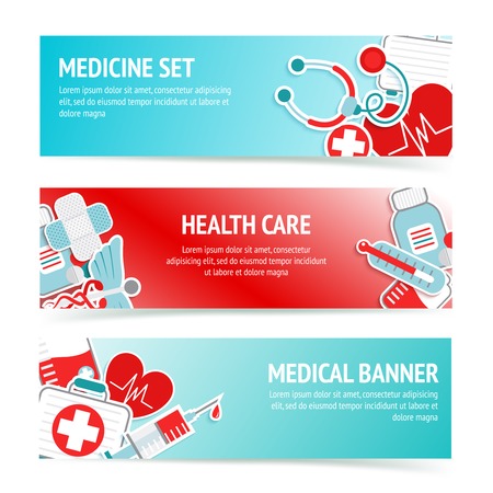 Three horizontal health care banners with medical emblems and emergency first aid kit symbols abstract vector illustrationのイラスト素材
