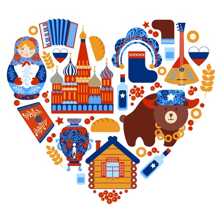 Russia travel heart set with traditional national elements icons set vector illustrationのイラスト素材
