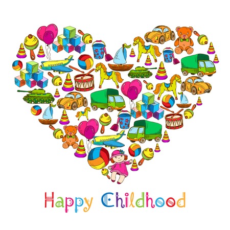Vintage sketch colored kids toys in heart shape happy childhood concept vector illustration.のイラスト素材