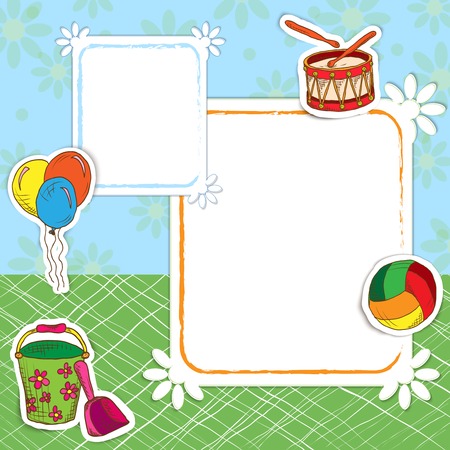 Toys postcard frame template street with icons set with ball bucket drum vector illustration.のイラスト素材