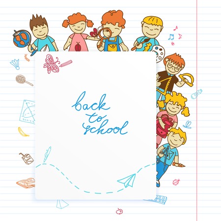 Decorative kids back to school  poster with kids look out banner sketch doodle vector illustrationのイラスト素材