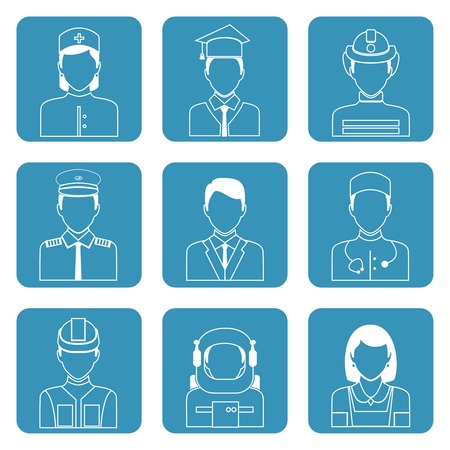 Avatar professions outline icons set of astronaut graduate student manager clerk isolated vector illustrationのイラスト素材