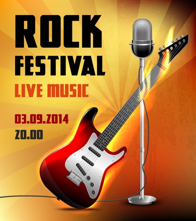 Rock festival live music concert poster with electric guitar and microphone vector illustration.のイラスト素材